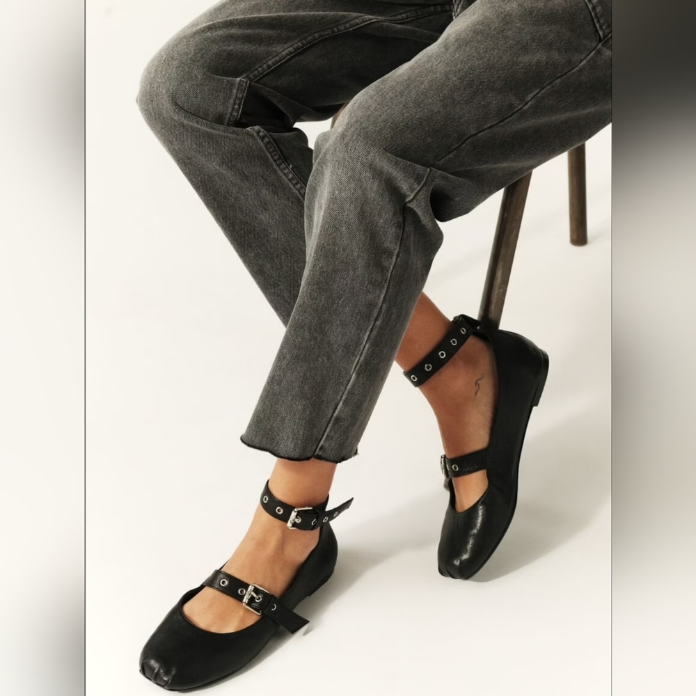 Ba&sh Canya Ballerina Black Leather Ankle Strap Ballet Flats Loafers Shoes Sz 7 - Picture 2 of 16
